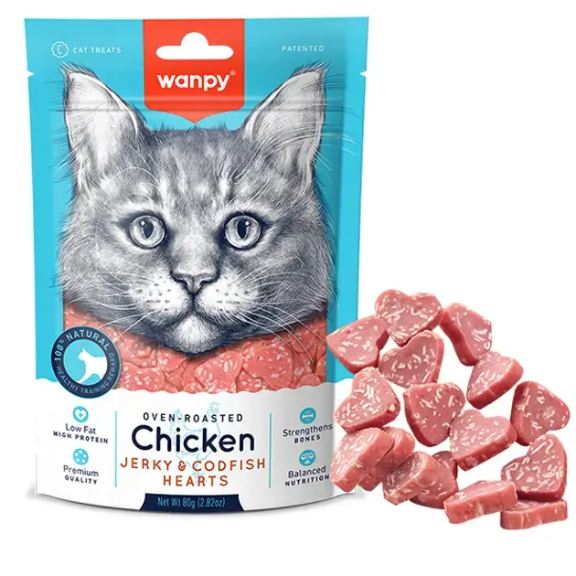 قیمت و حرید تشویقی گربه ونپی با طعم مرغ و ماهی طرح قلب Wanpy chicken jerky & cod fish hearts